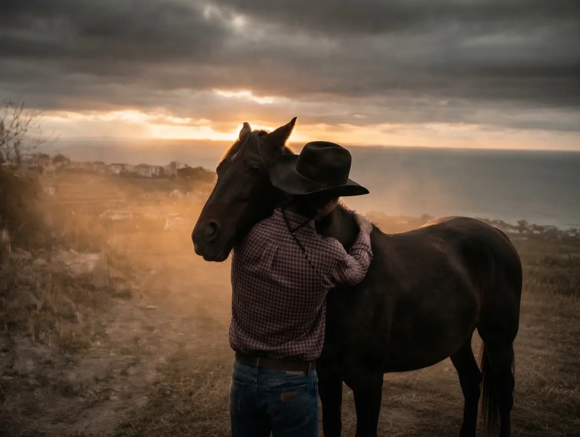 Un uomo abbraccia il collo di un cavallo morello al tramonto, davanti al mare.